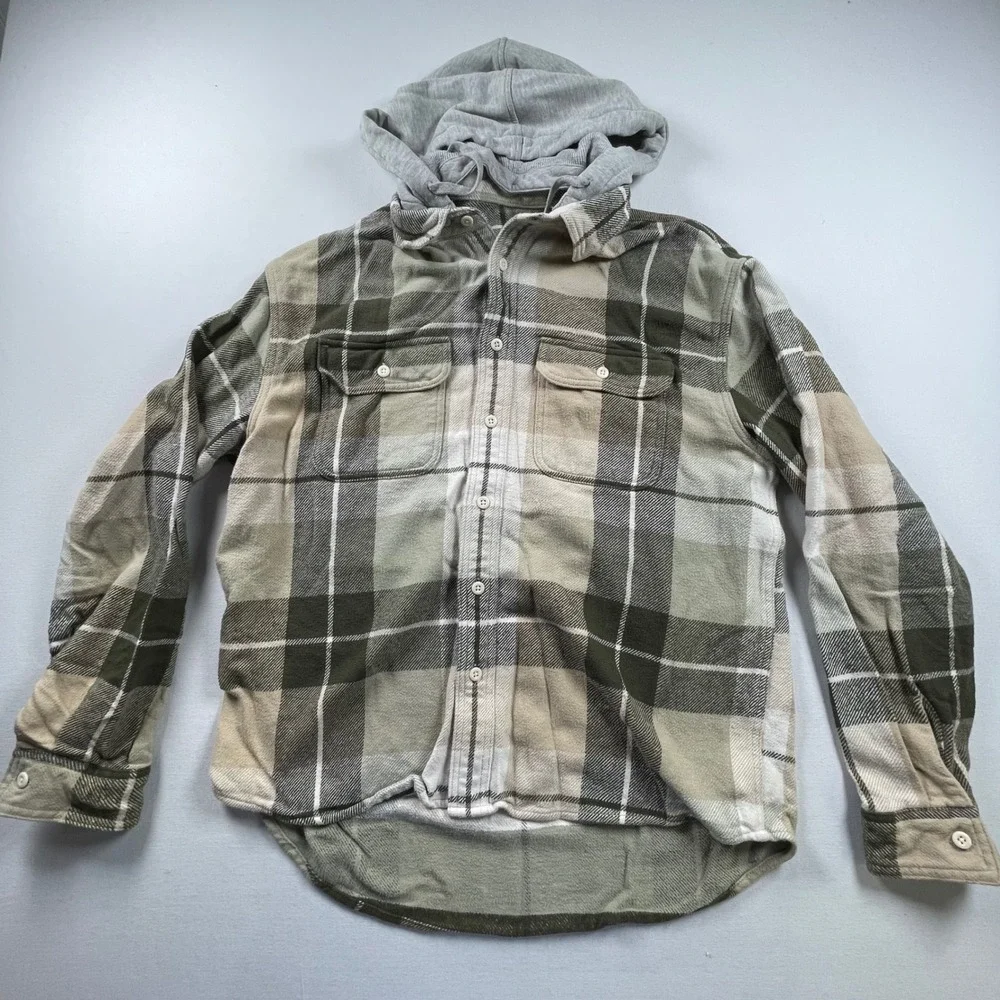 American Eagle Plaid Hooded Flannel Shirt Green Tan Grey Removable Hood Size M
